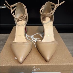 Christian Louboutin Beige Pointed-Toe Ankle-Strap Pumps